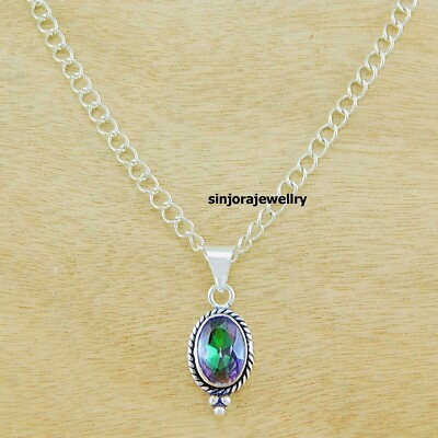 Mystic Topaz Gemstone 925 Sterling Silver Jewelry Handmade Pendant 18''