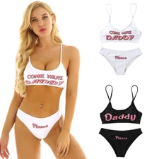 2 Piece Women's Lingerie Swimwear Yes Daddy Print Bra Top Briefs Underwear Set