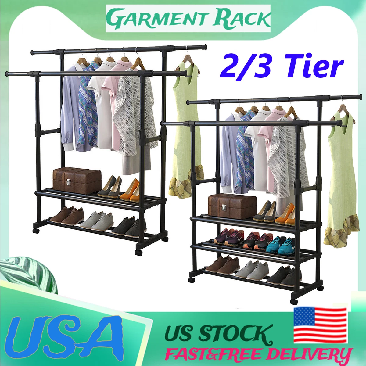 Heavy Duty Clothing Garment Rack Rolling Clothes Organizer Double Rails Hangin