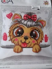 COLLECTION D'ART NEEDLEPOINT CUSHION PILLOW KIT YORKSHIRE TERRIER PUPPY 16"X16"