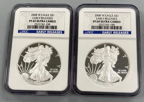 2 2008 W NGC PF69 Ultra Cameo Early Rel US 1ozt Pf Silver Eagle $1 L22018