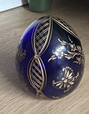 Vintage Russian Blue Glass Egg Gold Butterfly Floral St Petersburg Gallery