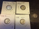 MERCURY SILVER DIME LOT OF 5 1941-PDS 1942 1943
