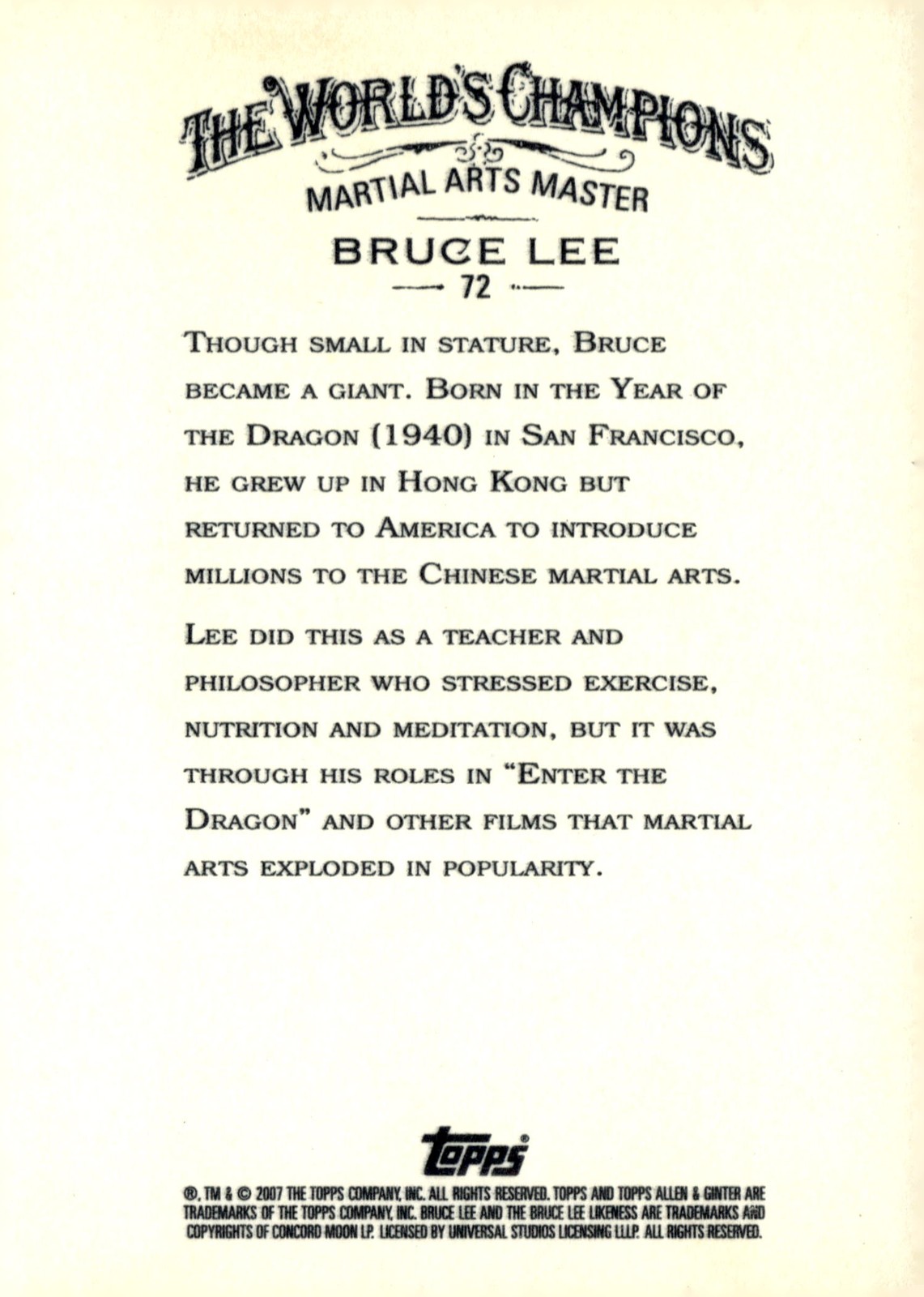 2007 Topps Allen & Ginter #72 Bruce Lee Mini A & G Back thumbnail 2