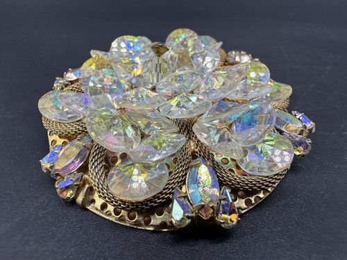 Vintage Large AB Aurora Borealis Faceted Glass Bead Cluster Round Brooch - Picture 2 of 8