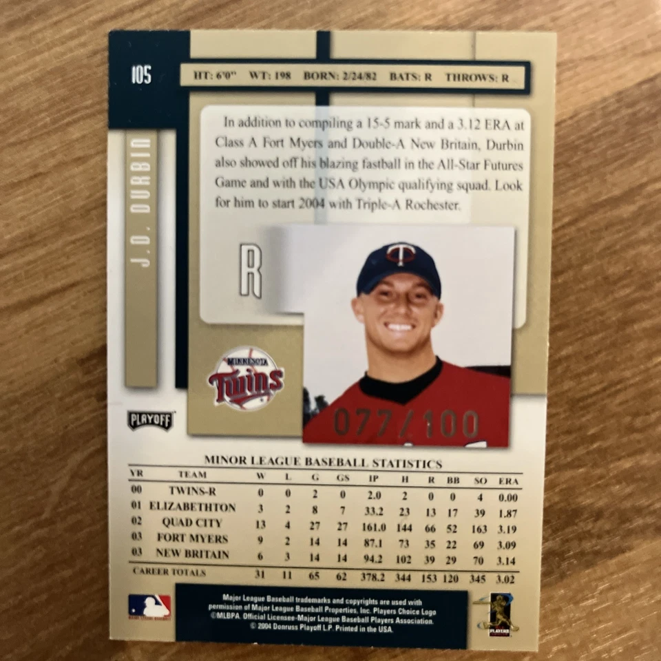 2004 Playoff Prestige Rookies & Prospects J.D. Durbin #105 Xtra Bases /100 (AU) - Image 2 of 2
