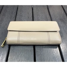 Fossil Jori RFID Flap Clutch Wallet Gray Taupe Genuine Leather Organizer Purse