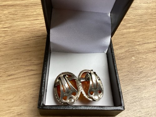 Vintage Silver & Amber Clip On Earrings. - Picture 2 of 3