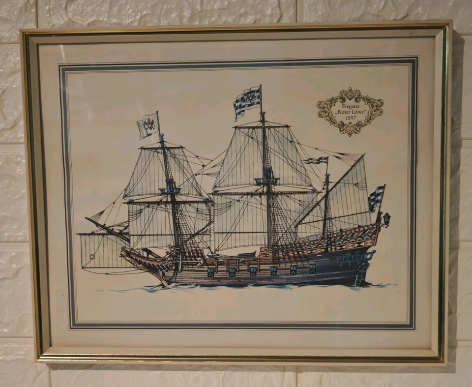 Vintage Holz Bilderrahmen Motiv: Schiff Segelschiff Frigatte Roter Löwe 1597  - Bild 1 von 4
