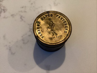 Vintage Office Paragon Embossed Brass Paper Fasteners Tin Old Antique