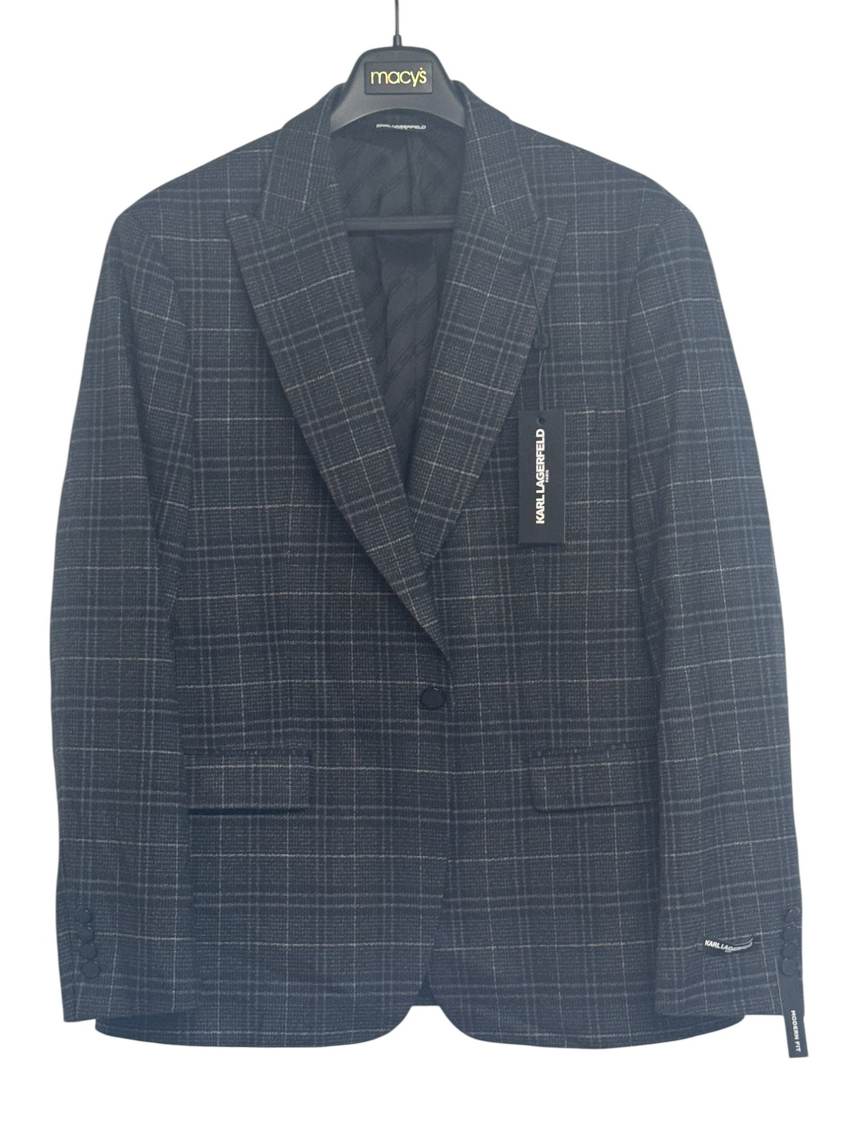 Karl Lagerfeld Mens Modern fit Sport Coat Blazer 36 S Black Plaid Stretch 12690₽