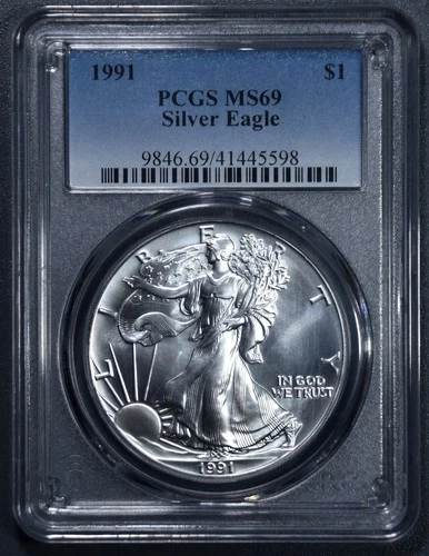 1991 $1 AMERICAN SILVER EAGLE UNCIRCULATED  1 oz .999 PCGS  MS 69 A6874