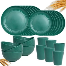 24 Pcs Green Wheat Straw Dinnerware Set of 6 Reusable Plates Bowls Cups