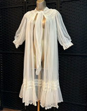 Vintage 50s RADCLIFFE CHIFFON ROBE Medium WHITE Smocked LACE Sheer Twee Babydoll