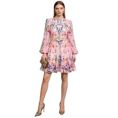 Zim Women Elegant Floral Skater Dress Pink Long Sleeve Belted Mini Dress |  eBay