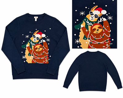 Merona Navy UGLY Christmas Llama Sloth Graphic Knit Crewneck Pullover Sweater M
