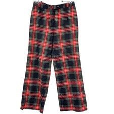 Vintage 70s Plaid Wide Leg Trousers Women Size 14 M Red Green Black Wool Tartan
