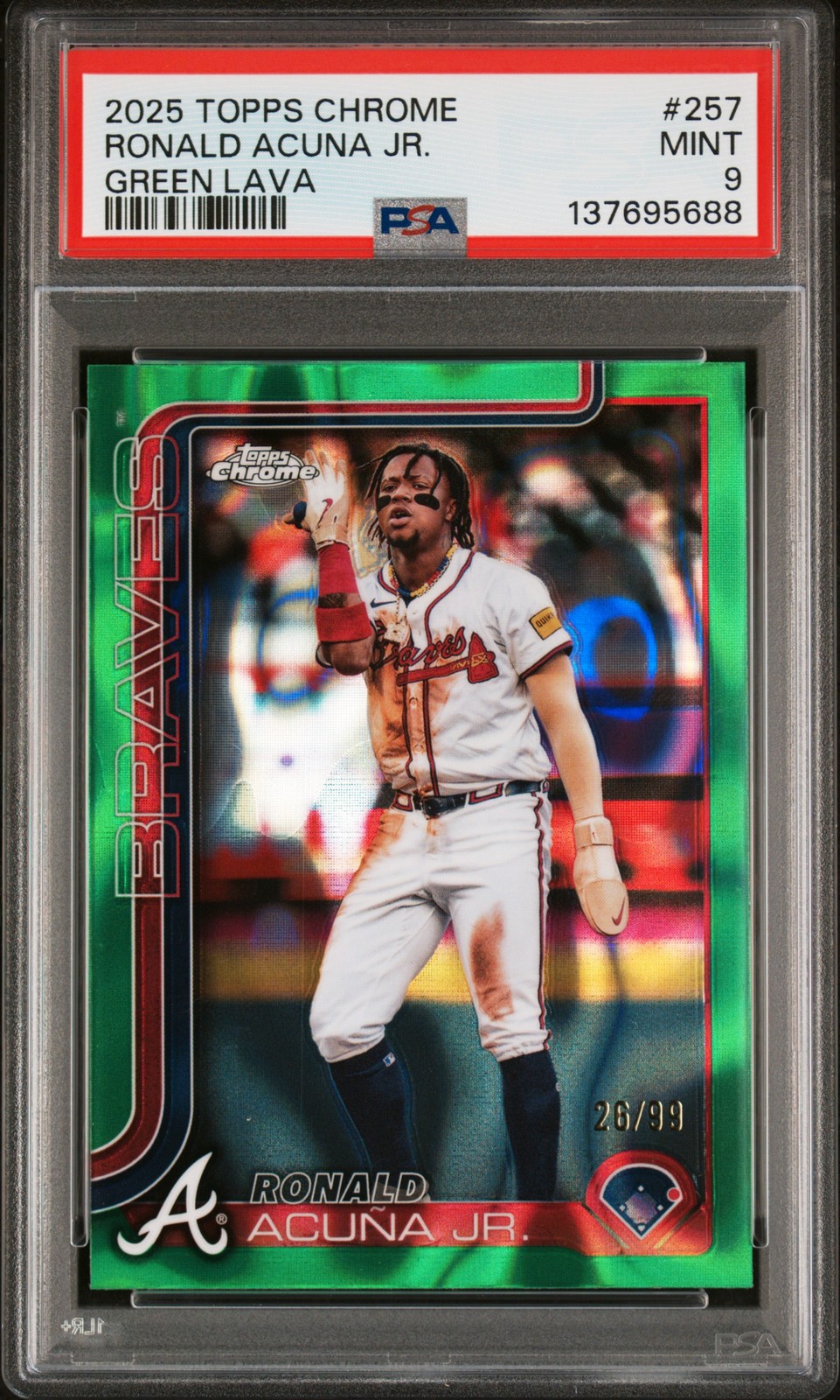 2025 TOPPS CHROME GREEN LAVA #257 RONALD ACUNA JR. 26/99 PSA 9