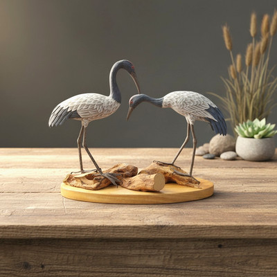 VINTAGE Red-Crowned Crane Statue Figurine Hand Carved Wood & Hand Painted