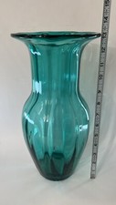 Tall Hand Blown Teal Green Blue Art Glass Vase Elegant Ribbed Flared Top 13 1/4  