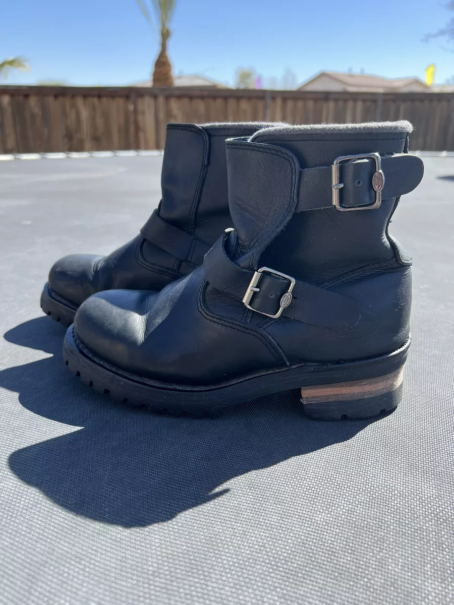 VINTAGE SKECHERS BLACK LEATHER LUG SOLE DOUBLE BUCKLE ANKLE BOOTS WOMENS 7.5 8
