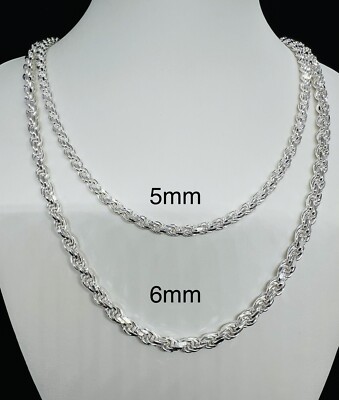 925 Sterling Silver Diamond Cut Rope chain Men's Necklace 5mm, 6mm  16''- 30''