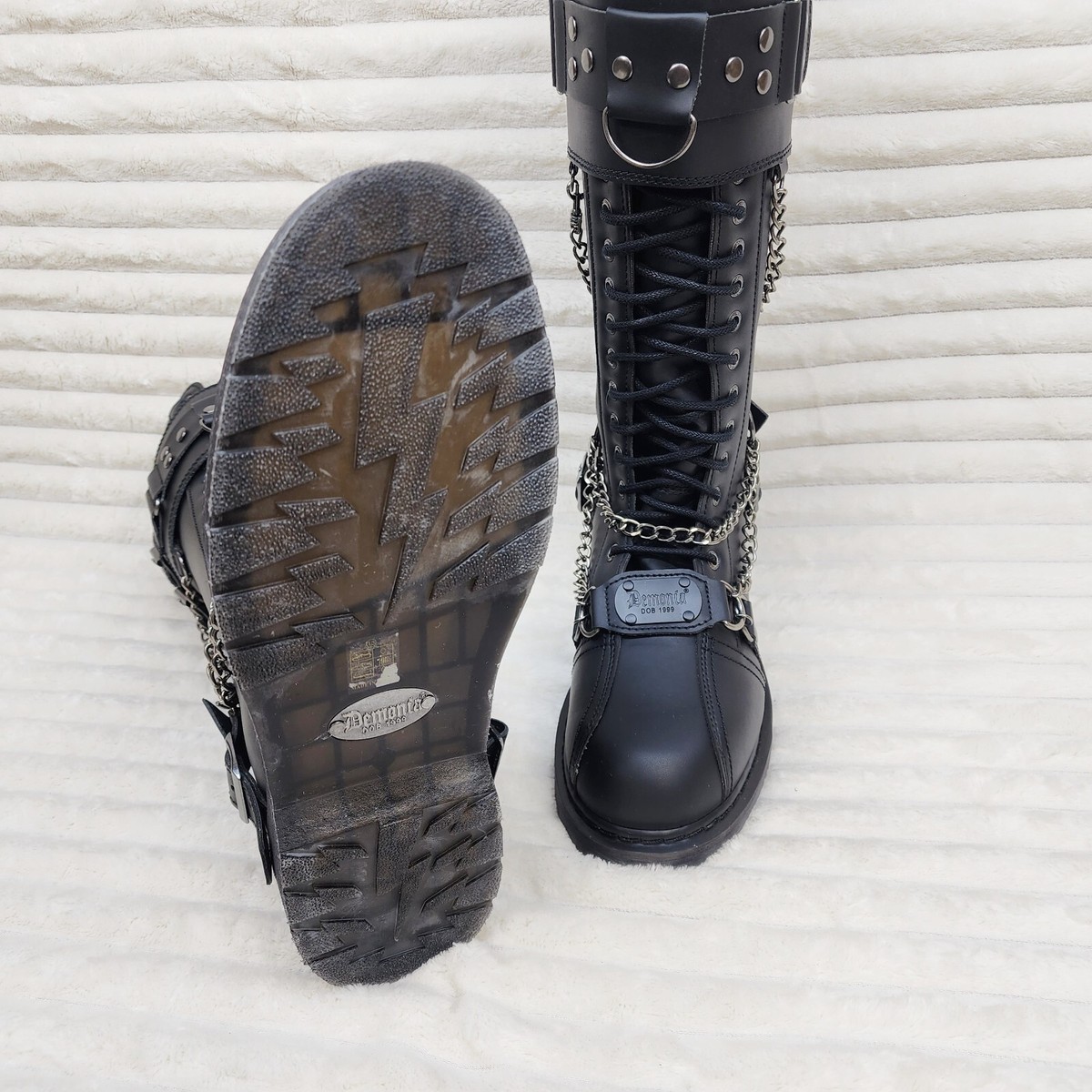 DEMONIA Bolt 415 Goth Combat Biker Knee Boots Black Matte 