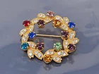 Vintage Eisenberg Multicolor Rhinestone Wreath Gold tone Brooch