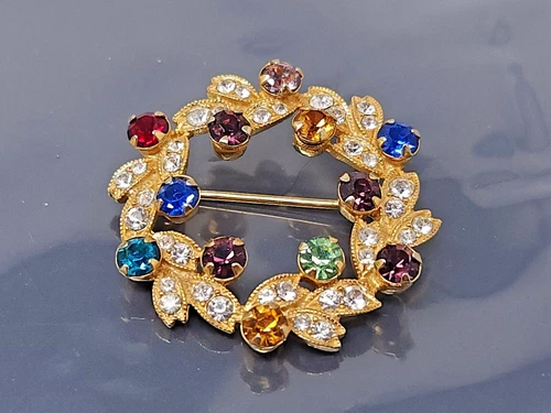 Vintage Eisenberg Multicolor Rhinestone Wreath Gold tone Brooch