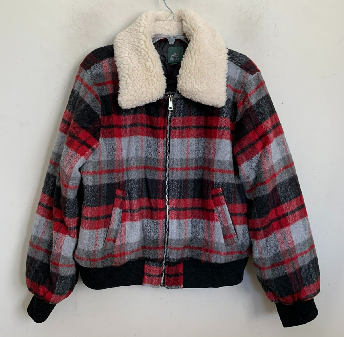 Wild Fable Bomber Jacket Red Plaid Removable Fleece Collar Zip Pockets  Lined XXL