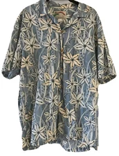 Vintage Paradise Found Blue Geometric Floral Hawaiian Button Shirt Mens Large