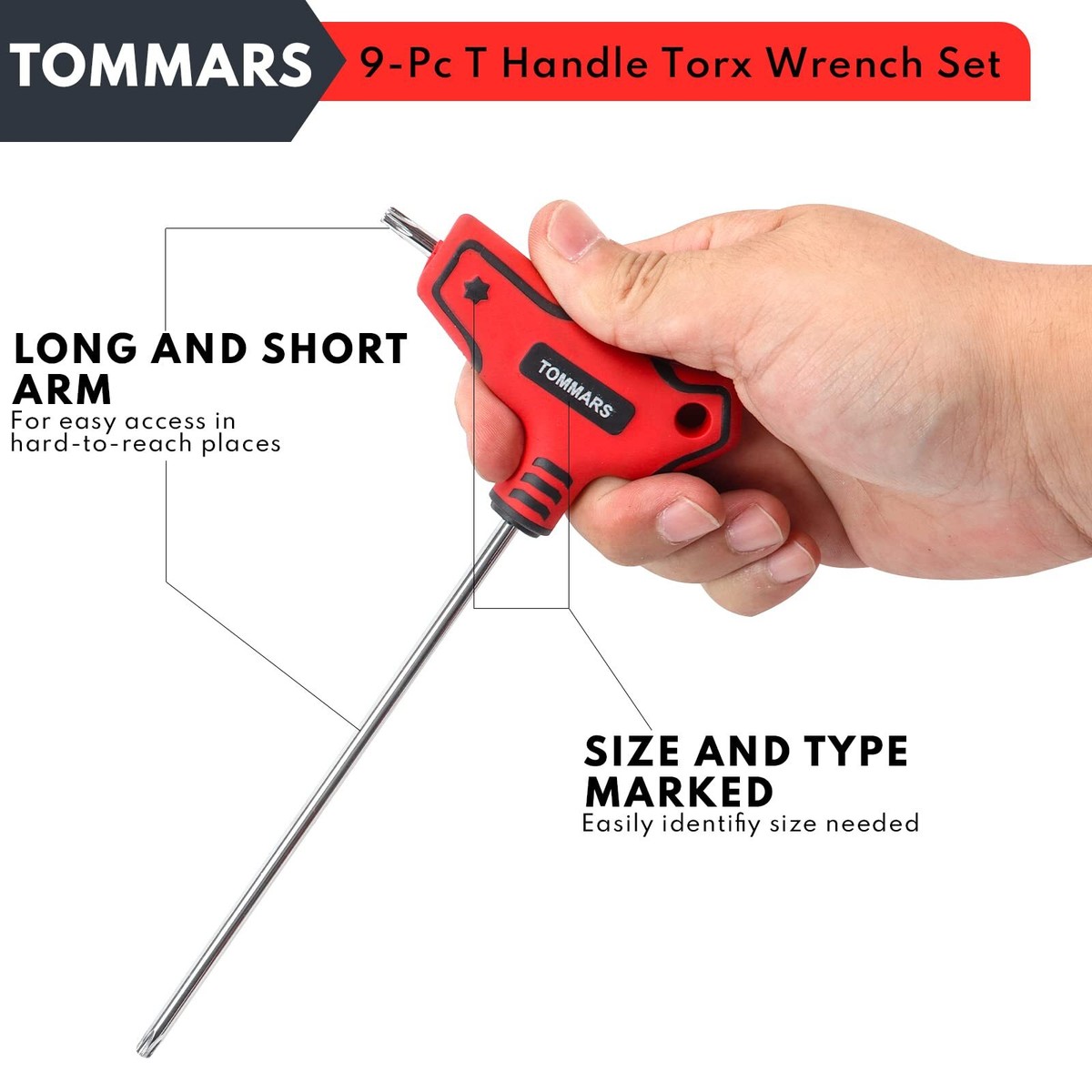 TOMMARS T-Griff Torx-Schlüssel-Set 9-teilig – T10 Bis T50, S2-Stahl, Manipulationssicher, Mit Box