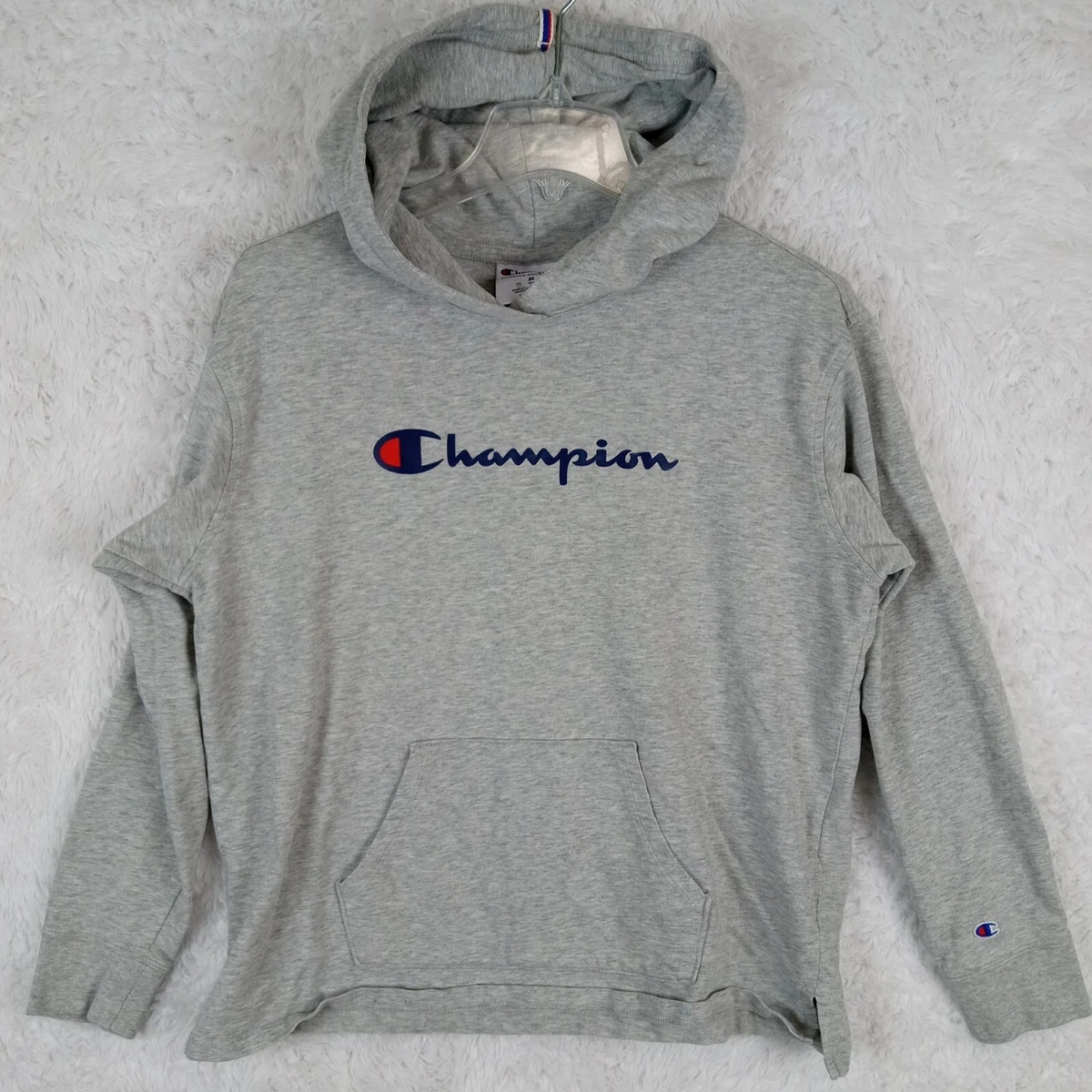Champion Womens Sweatshirt Hoodie M Gray Logo Split Hem Kangaroo Pockets Medium