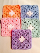 Lot of 20 5" PASTELS PINK BLUE Hand Crochet GRANNY SQUARES Throw Blanket Blocks