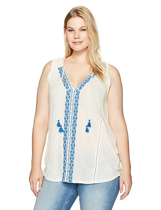 Lucky Brand Women 3X Plus Ivory with Blue Trim Sleeveless Knit Top Shirt NWT