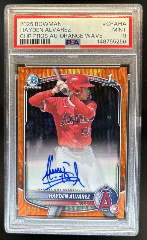 2025 Bowman Hayden Alvarez Chrome Auto Orange Wave Refractor 1st #/25 PSA 9