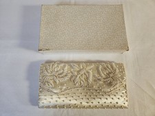 Vintage White Ceylon Beaded Sequin Clutch Purse Hand Bag Front Snap Hong Kong