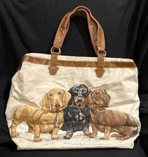 DOG LOVERS Large Zippered Canvas Tote Bag With Faux Leather Trim w/3D Dog Images