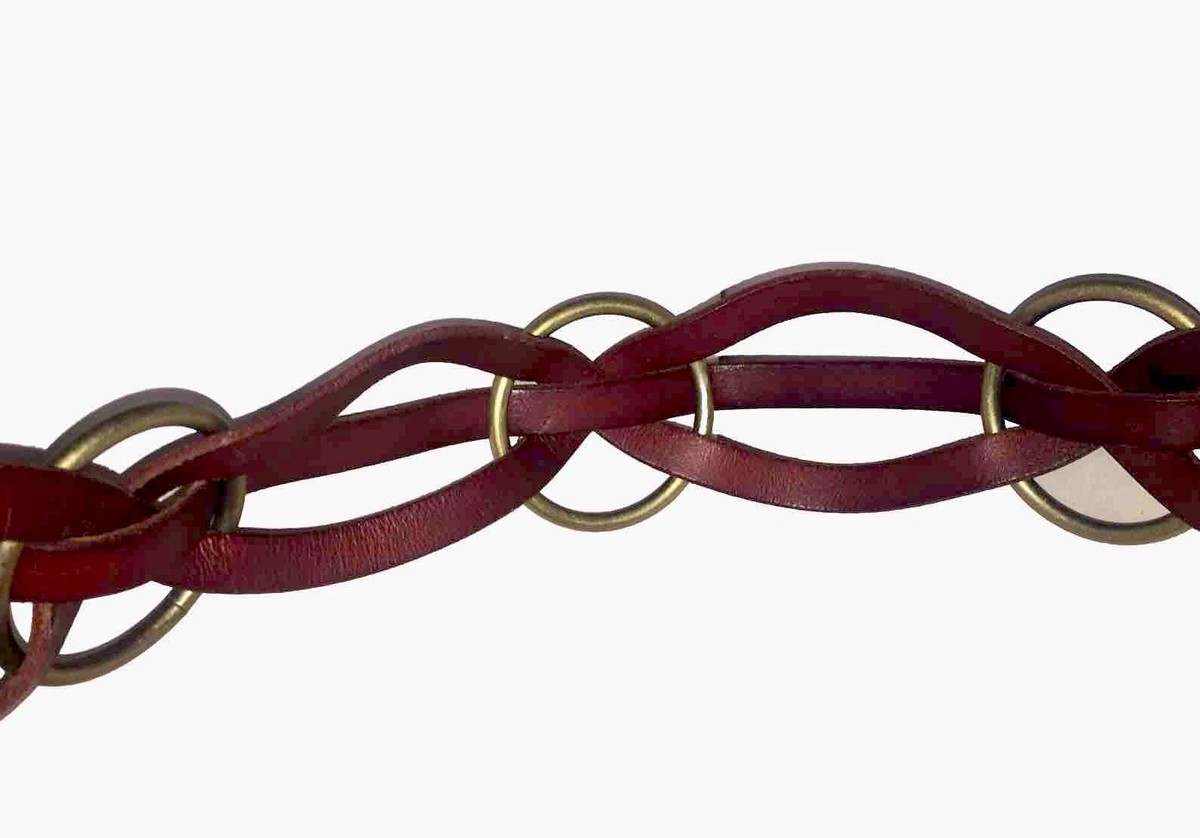 Linea Pelle Brown Braided Leather Ring Link Belt Linea Pelle Woven Leather Belt Brass Buckle Rings 30-33  main image 4