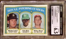 1972 Topps AL Pitching Leaders M.LOLICH/*VIDA BLUE*/W.WOOD GRADE 6.5 EX-NM+