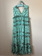 MNG Mango Green Blue Floral Chiffon Maxi Dress Halter Art Nouveau Pattern Size M