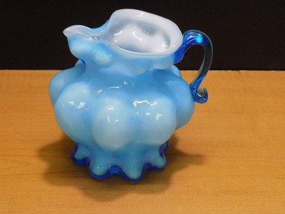 Kanawha Hand Blown Blue Cased Glass Pumpkin Shaped Creamer w/ Applied Handle