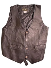 Vintage Western Frontier Black Leather Vest With Satin Lining  Snap Buttons - M