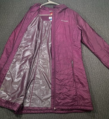 Columbia Omni Heat Mighty Lite Large Full Zip Mid Length Womens Coat Hooded Plum