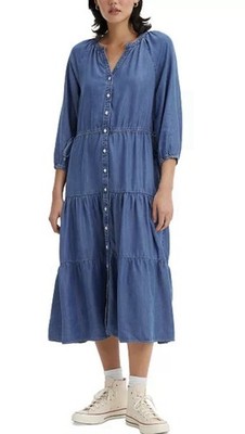 Levi s Cecile Midi Lyocell Dress Medium Tiered Chambray Blue Button Front Boho