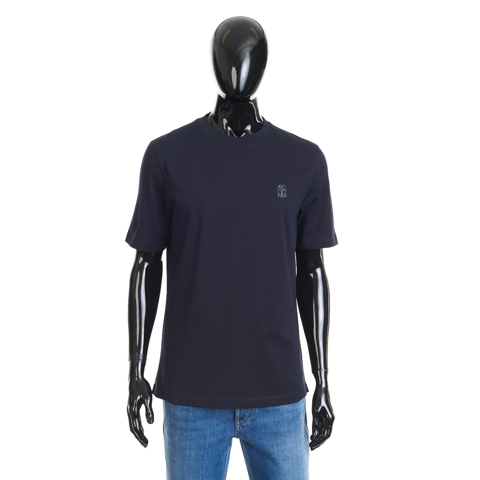 Brunello Cucinelli — BRUNELLO CUCINELLI 650$ Crewneck Tshirt With Logo Print - Navy Cotton Jersey