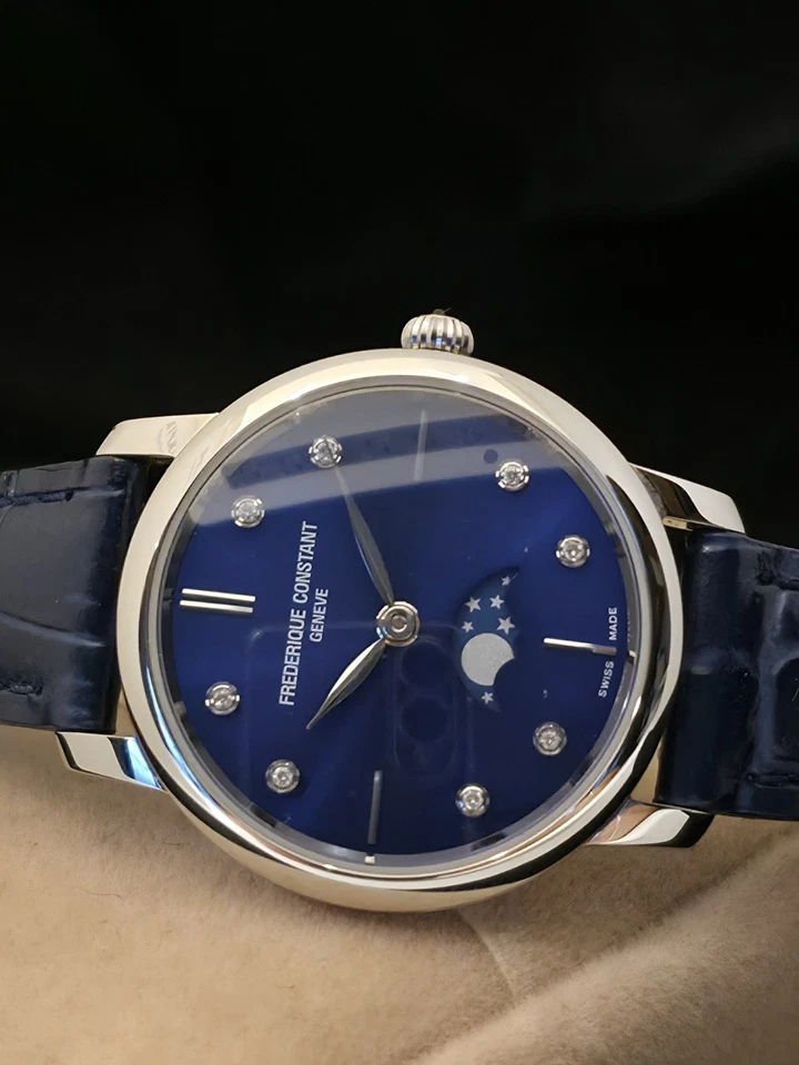 Frederique Constant EtatNeuf Phase De Lune Cadran Bleu Serti Diamants Garantie 6 - Photo 1/4