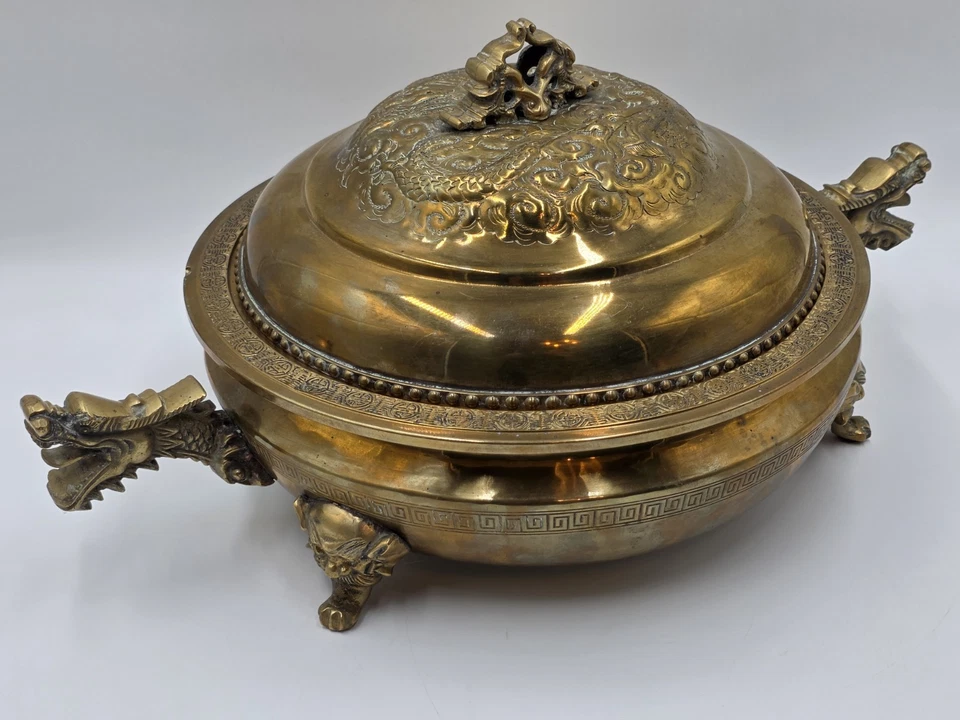 Antique Chinese Brass Dragon Handle Lidded Tureen Qing Hot Pot with Foo Dog Lid - Image 4 of 4