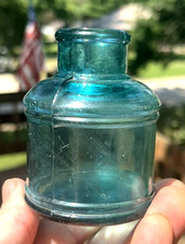 NICE TEAL COLORED ROUND SPOOL INK BOTTLE 3" TALL 1880'S ERA DUG L@@K