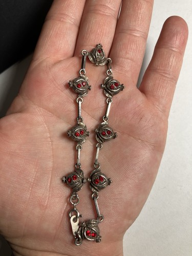 Sterling Silber Gliederarmband Apfel Obst * Gliederarmband * rotes Glas 7,5" - Bild 3 von 9